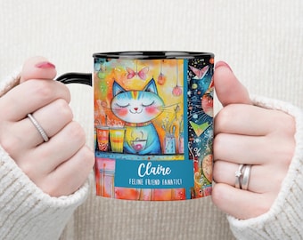 Whimsical White Cat Ceramic Mug - Personalized Watercolor Cat Art Coffee Cup for Book Lovers - Magic Lovers