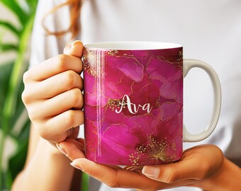 Bright Pink Marble Flower Mug | Fuchsia Custom Name Cup | Personalized Mug | Coffee Tea For Her