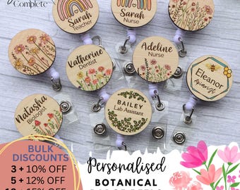 Watercolor Botanical Badge Reels - Hand Painted - Retractable - Nurse - Care Worker - Teach - Doctor - Teacher