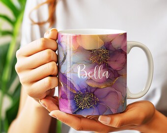 Purple Fiesta Marble Mug | Personalized Floral Ceramic Coffee Cup