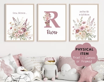 Personalized Wildflower Wall Art, Mauve, Plum and Pink  - 3 Piece Custom Name Print - Floral Bedroom Decor