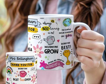 Best Teacher Personalized Mug - Gift for Teachers, Appreciation Cup with Rainbow and Sunshine Design