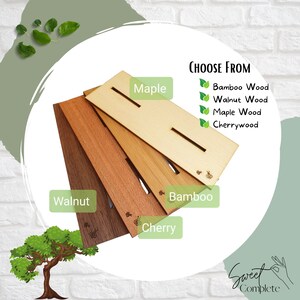 May include: Five wooden samples of different wood types: cherry, walnut, bamboo, maple, and cherrywood. The wood samples are arranged in a circle with the names of each wood type written below them. The text "CHOOSE FROM" is written above the wood samples.