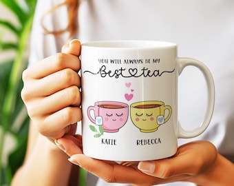 Personalized Best-Tea Mug, Custom Name Best Friend Gift, Pink Yellow Friendship Tea Cup, Cute Kawaii BFF Mug