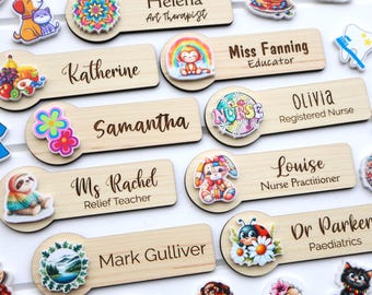 Personalised Work Icon Name Badge - Wooden ID tag - Colourful characters, Nurse, Veterinary, Dentist, Teacher, Doctor