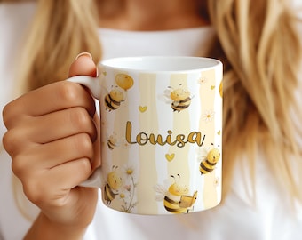 Personalized Bee Mug – Whimsical Busy Bees, Daisies, Custom Name Coffee Cup