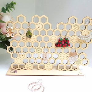 Honeycomb Extra Wide Jewelry Stand - Jewellery Stand - Jewelry display - Earring holder  - Wooden Anniversary gift - Woman&#39;s gift