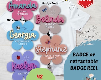Flower Retractable Nurse Name Badge Reel or Badge - Flower Name Badge - Custom Work Badge - Cute Name Badge - Teacher Badge -