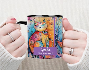 Magical Rainbow Cat Ceramic Mug - Personalized Watercolor Cat Art Coffee Cup for Book Lovers