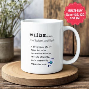 May include: A white ceramic mug featuring black text that reads: william /noun The Systems Architect 1. A powerhouse of pure focus driven by macro-level strategy, absolute efficiency, and a masterfully expressive sigh. Includes a small blue diagram.