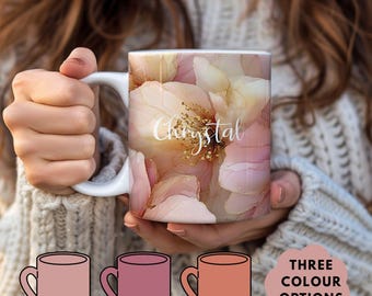 Pink Rose Marble Flower Mug | Custom Name Cup | Personalized Mug | Coffee Tea Cup Gift For Her