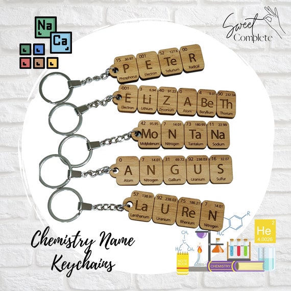 SweetComplete Custom Chemistry Name Keychain - Bulk Chemistry Keychain - Periodic Table - Chemistry Gift - Teachers Gift- Wooden Keyring