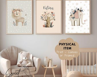 Boho Safari Nursery Wall Art – Custom Name Canvas Set with Lion, Elephant, and Baobab Tree