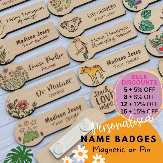 Coloured Wooden Name Badge - Custom Name Badge - Magnetic Badge - Pin Badge - Hand Coloured - Personalised Gift