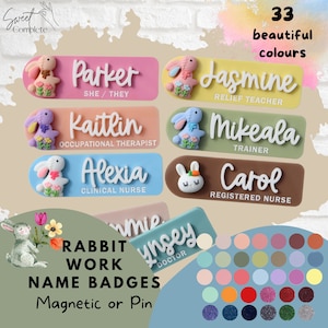 May include: A set of 33 colourful name badges featuring a cute bunny design. The badges are available in a variety of colours and can be personalised with a name and job title. The badges are magnetic or pin-back.