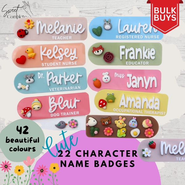 Badge personnalisé avec un personnage mignon - Chien | Fleur | Canard | Oiseau | Chat | Renard - Badge nominatif d'infirmière - Cadeau personnalisé