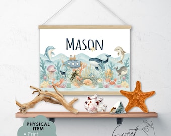 Custom Ocean Sealife Name Sign - Personalized Underwater Nursery Wall Art, Watercolor Whale & Diver Decor for Kids