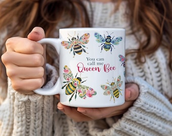 Queen Bee Mug with Floral Folk Art Bees - Custom Color Handle Coffee Cup - 11oz Ceramic Bee Lover Gift