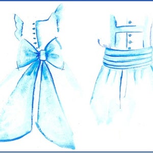 Pode incluir: Uma ilustração em aquarela de duas roupas, uma com um grande laço azul e a outra com uma faixa azul.