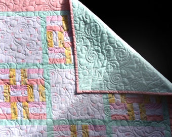 Baby Gift Handmade Baby Blanket Quilt Baby Shower Gift for Baby Girl Nursery Decor in Pastels Heart & Flower Quilt Design #617