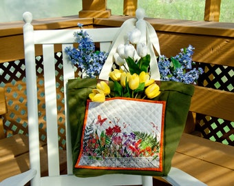 Tote Bag Handmade Gift with a Decorative Quilted Floral Large Front Pocket & Interior Zippered Pocket by Mary Brader #827