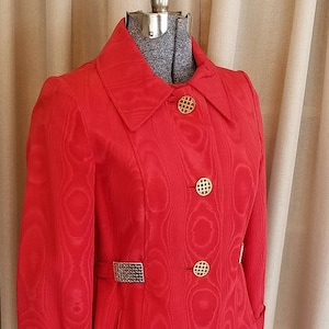 Vintage, Elegant,  1960s, 1970s, Count Romi, Moire,  Red, Gold Buckle, Raincoat, Trench, Dressy, Coat