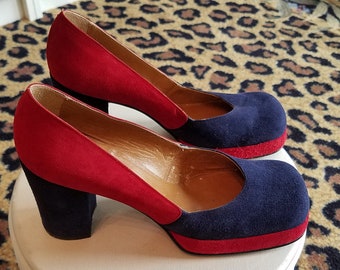 Vintage, 1970s, 70s, Like New, Womens, Platforms, Navy, Blue, Red, Suede, Shoes, Heels, Pumps, Size 6