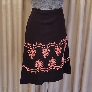 Vintage, 1960's, 1970's, Black, Wool, Knit, A-Line, Coral, Chain Stitch, Scroll, Embroidery, Skirt