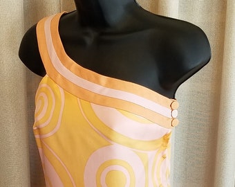 Vintage, 1960s, 1967, B.H. Wragge, Silk, Graphic Print, Pink, Tangerine, Sherbet, One-Shoulder, Short, Petite, Small, Dress