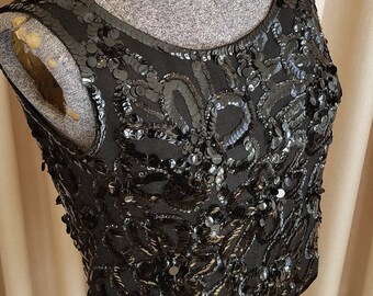 Vintage, Clean,  1960s, Sequin, Beaded,  Black, Wool, Sleeveless,  Dressy, Party, Top, Sweater,  Shell