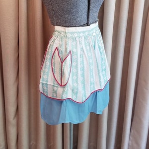 Vintage, 1950&#39;s, NWT, Reversible, NOS, Aqua, White, Blue, Floral Print, Red, Ric Rac, Novelty, Pockets, Cotton, Double Layered, Apron