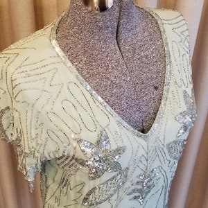 Vintage, 1980s, 1990s, Who&#39;s Who by WW, Aqua, Chiffon, Silver Beaded, Sequined, Dressy, Special Event, Formal Affair, Top, Blouse