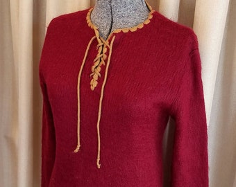 Vintage, 1970s, Garland, Burgundy, Camel, Mohair, Wool, Sweater, Pullover, Jumper