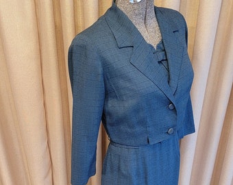 Vintage,1950's, Nelly Don, Blue, Black, Plaid, Two Piece, Jacket, Dress, Set, Suit