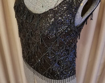 Vintage, Clean, 1960s, Sequin, Beaded, Dressy, Party, Black, Wool, Sleeveless, Top, Sweater, Shell