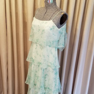 Vintage, 1970s, Aqua, Ivory, Floral, Chiffon, Formal, Prom, Dress