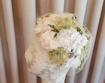 Vintage, 1950's, 1960's, Floral, Green, White, Orange, Veiled, Special Occasion, Wedding, Spring, Easter, Church, Pillbox, Lampshade, Hat