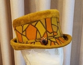 Vintage, 1960s, Made in Austria, Fur Felt, Geometric Print, Gold, Orange, Womens, Hat