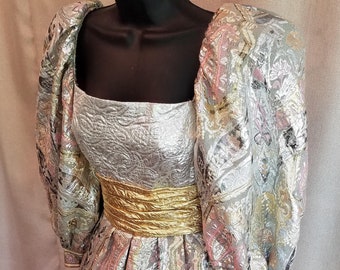 Vintage, 1980s, Leonard, Silver, Pink, Gold, Yellow, Metallic, Wool, Silk, Formal, Evening Gown, Dress