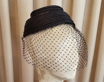 Vintage, 1950's, Elegant, Thorn, Black, Coiled, Satin Covered Piping, Stiff Black Veil, Special Occasion, Cocktail, Topper, Fascinator, Hat