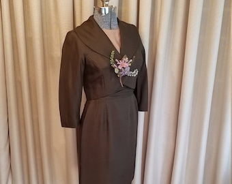 Vintage, 1950's, 1960's, Abe Schrader, Silk Like, Brown, Taupe Pink, Short Sleeve, Dress, Three Quarter Sleeve, Jacket, Suit Set