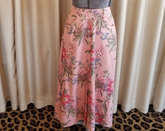 Vintage, 1990's, Cambridge Country Store, Tropical, Floral, Pink, Rose, Blue, Linen, Cotton, A Line, Mid Calf, Skirt, Small