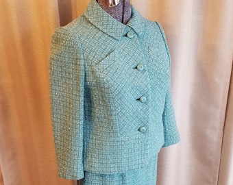 Vintage, 1960s, Towncliffe, Aqua, Light Olive, White, Wool, Plaid, Jacket, Skirt, Two Piece, Suit, Set