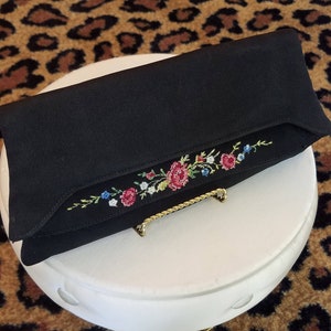 Vintage, 1950s, Majestic, Black, Embroidered, Fabric, Envelope, Clutch, Handbag, Purse