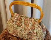Vintage, 1950s, 1960s, MM, Regency, Morris Moskowitz, Paisley, Tortoise Shell, Lucite, Fabric, Purse, Handbag, Satchel