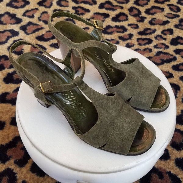 Vintage, 1970s, J Miller, Olive, Green, Suede, Shoes, Heels, Sandals, Pumps