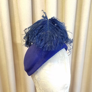 Vintage, 1930s, Dayton&#39;s Company, Wool, Felt, Royal Blue, Blue, Ostrich Feather Embellished, Cloche, Hat
