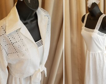 Vintage, Clean, St. Gillian by Kay Unger, 1970s, White, Cotton, Eyelet, Knit, Maxi,  Sundress with Cropped Top Blouse, Set