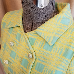 Vintage, 1960s, Short Sleeve, Aqua, Yellow, Plaid, Sleeveless Dress, Short Sleeve Jacket with Rhinestone Buttons