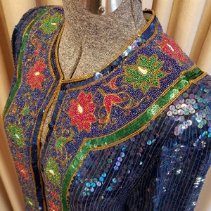 Vintage, 1980&#39;s, Judith Ann, Saks Fifth Ave, Azul, Verde, Rojo, Perla, Lentejuelas, Con cuentas, Seda, Manga larga, Chaqueta